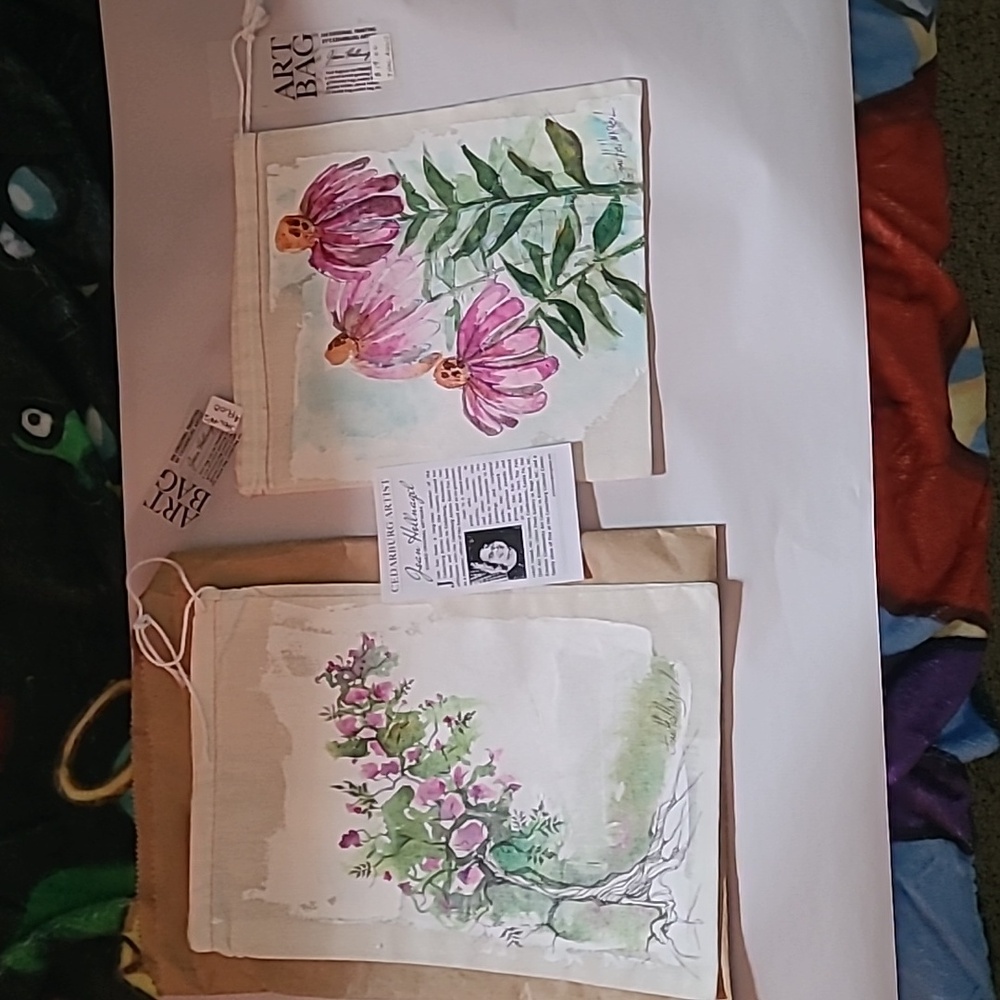 I have 2 art bags. Painted by Joan Hollnagel in Cedarburg WI. Can be framed